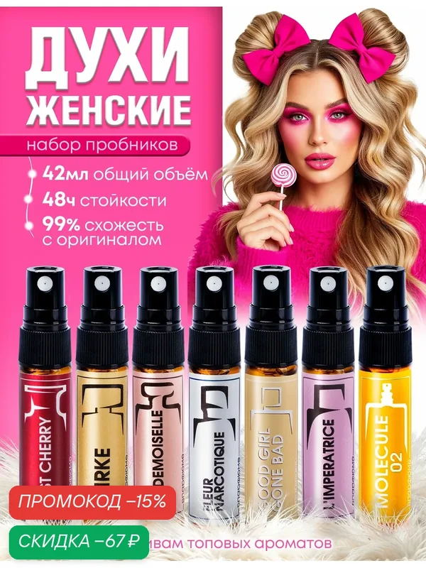 Набор женских духов по мотивам Kirke, LostCherry, FleurNarcotique, Mademoiselle, Imperatrice, GoodGirl, Molecule 7*6мл. — скидка по промокоду Яндекс Маркет