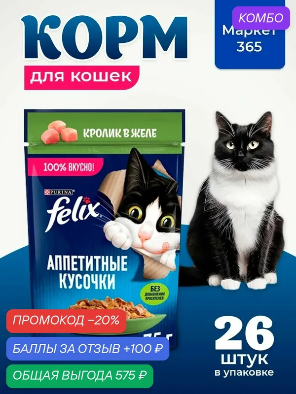 Влажный корм для котят Felix Аппетитные кусочки, кролик в желе, 75 г x 26 шт — промокод и 100 баллов за отзыв Яндекс Маркет