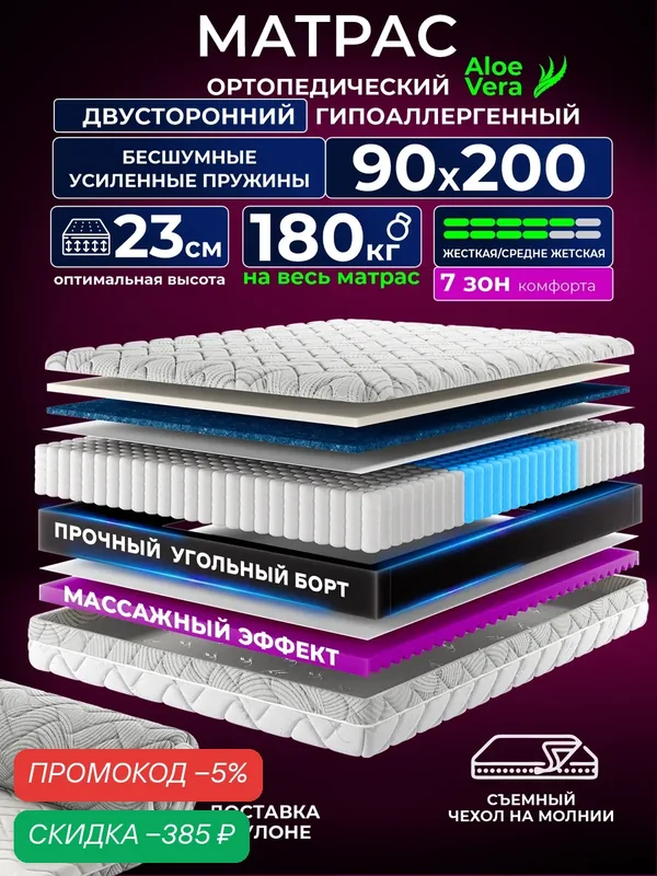 Ортопедический односпальный матрас 90х200 см на кровать, рулонный, независимый пружинный блок, съемный чехол Ами Мебель — AMI, скидка по промокоду Яндекс Маркет