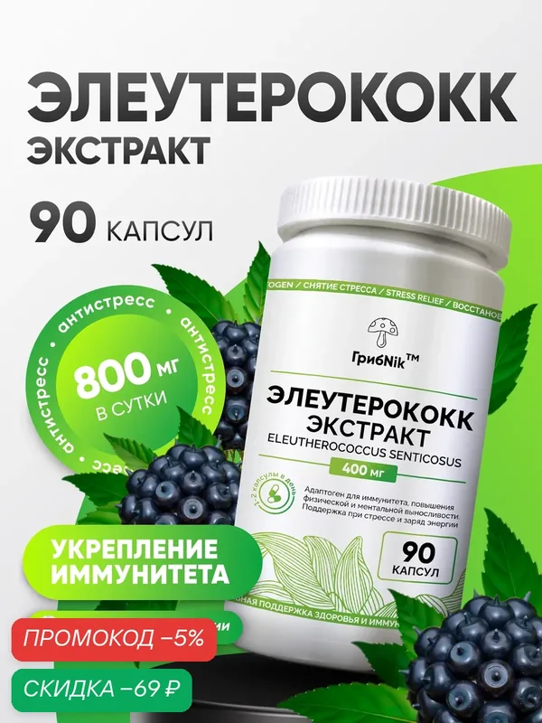 Элеутерококк экстракт + витамины группы в, для мозга, 60 капсул, грибnik — грибNik, скидка по промокоду Яндекс Маркет