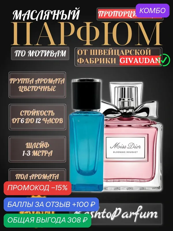 Масляные духи по мотивам Christian Dior Miss Dior Blooming Bouquet — стойкий нежный цветочный аромат / 20мл — промокод и 100 баллов за отзыв Яндекс Маркет