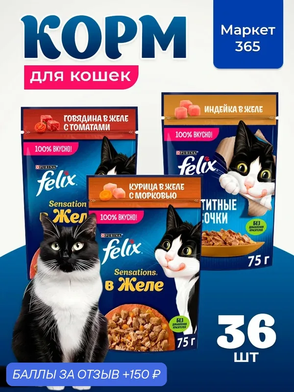 Корм для кошек влажный, Felix желе, Набор: говядина с томатами, индейка, курица и морковь. 36 шт x 75 г — 150 баллов за отзыв Яндекс Маркет