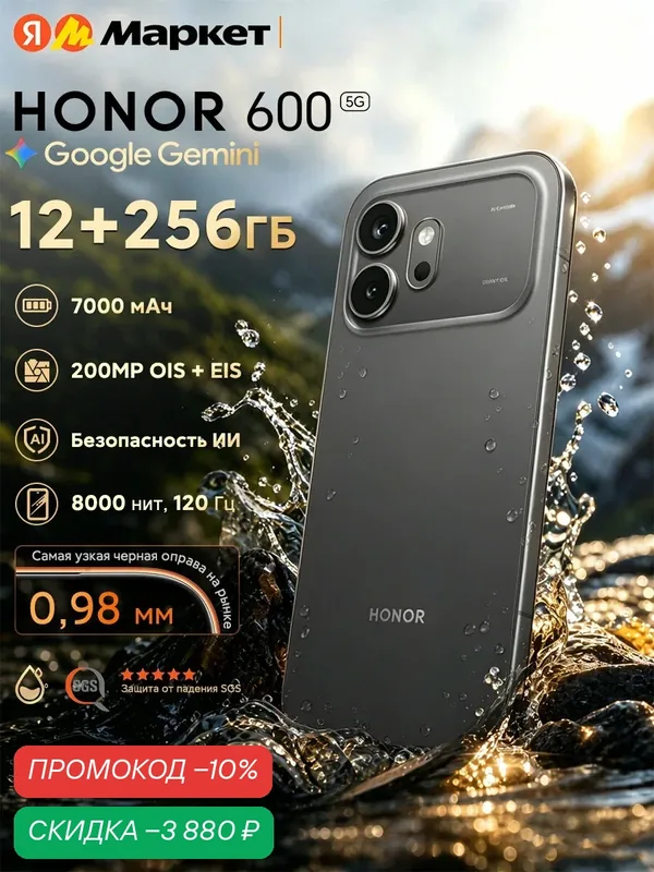 Смартфон HONOR 600 12 ГБ/256 ГБ, 6.57" AMOLED, 200 Мп Основная камера, 7000 мАч 80W, IP68/69 IP69K, EAC (Ростест), черное — HONOR, скидка по промокоду Яндекс Маркет