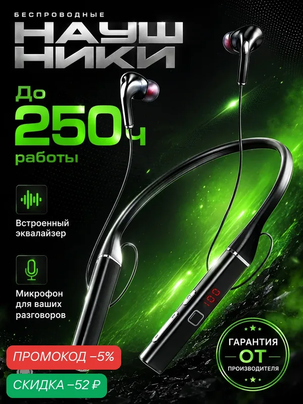 Беспроводные наушники DP-04 Bluetooth с микрофоном, MP3-плеером и поддержкой карты памяти, до 250 часов работы, черные — Dressphone, скидка по промокоду Яндекс Маркет
