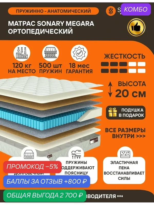 Матрас Sonary Megara 210х180 серии Urban высота 20 см анатомический средней жесткости Независимые пружины — SONARY, промокод и 800 баллов за отзыв Яндекс Маркет