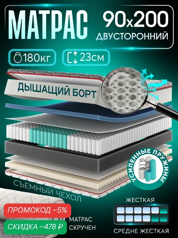 Ортопедический односпальный матрас 90х200 см на кровать, рулонный, независимый пружинный блок, съемный чехол Ами Мебель — AMI, скидка по промокоду Яндекс Маркет
