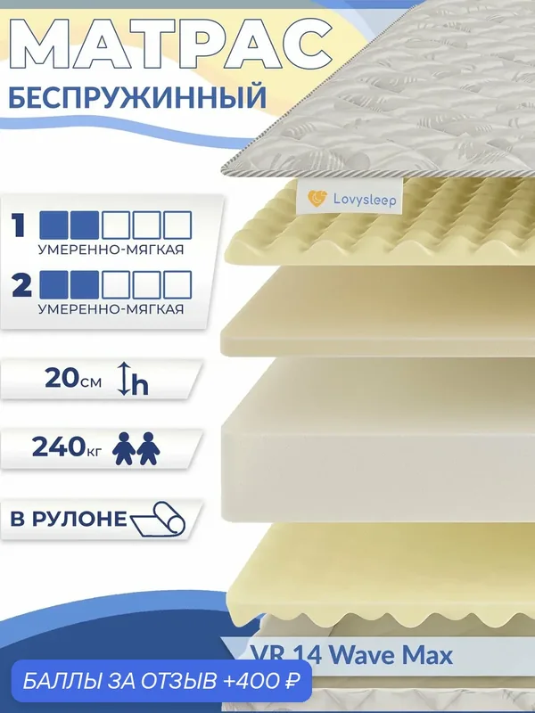Матрас VR 14 Wave Max 90х200 см, беспружинный, 20 см, односпальный, двусторонний, умеренно-мягкий, в рулоне — Lovysleep, 400 баллов за отзыв Яндекс Маркет