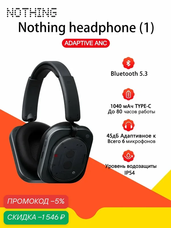 Наушники Nothing headphone (1), 1040 MAH, 42dB ANC, BT5.3, IP52 Черный — NOTHING, скидка по промокоду Яндекс Маркет