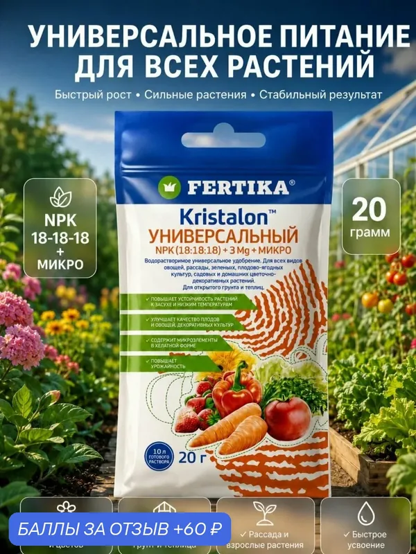 Фертика удобрение универсальное, комплексное Кристалон 20 г — FERTIKA, 60 баллов за отзыв Яндекс Маркет