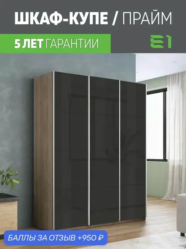 Шкаф-купе Прайм 3-х дверный Стекла черные/Доводчики 180х57х230, Мебельная компания Е1, Сонома — Е1, 950 баллов за отзыв Яндекс Маркет