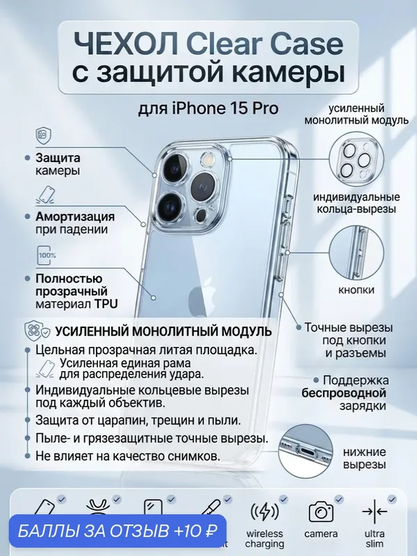 Чехол на Apple iPhone 15 Pro с защитой камеры, ударопрочный, из термополиуретана, прозрачный — isa, 10 баллов за отзыв Яндекс Маркет