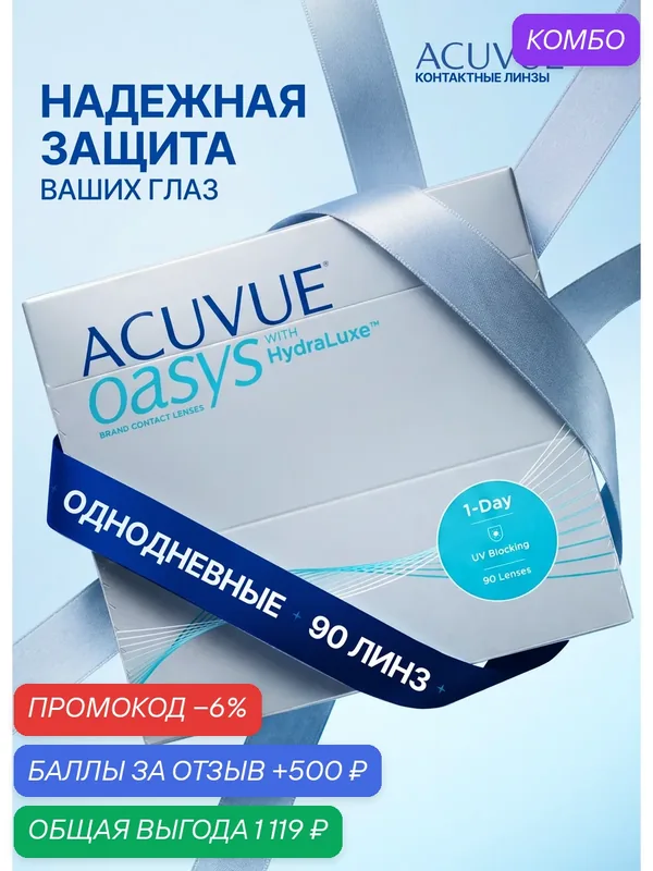 Контактные линзы Acuvue Oasys 1-Day with HydraLuxe 90 линз R 8, 5 — 4, 25 — ACUVUE, промокод и 500 баллов за отзыв Яндекс Маркет