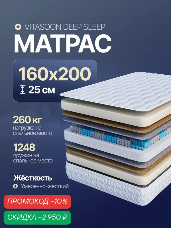Матрас 160х200 ортопедический пружинный высота 25 см Vitasoon Deep Sleep двуспальный — VitaSoon, скидка по промокоду Яндекс Маркет