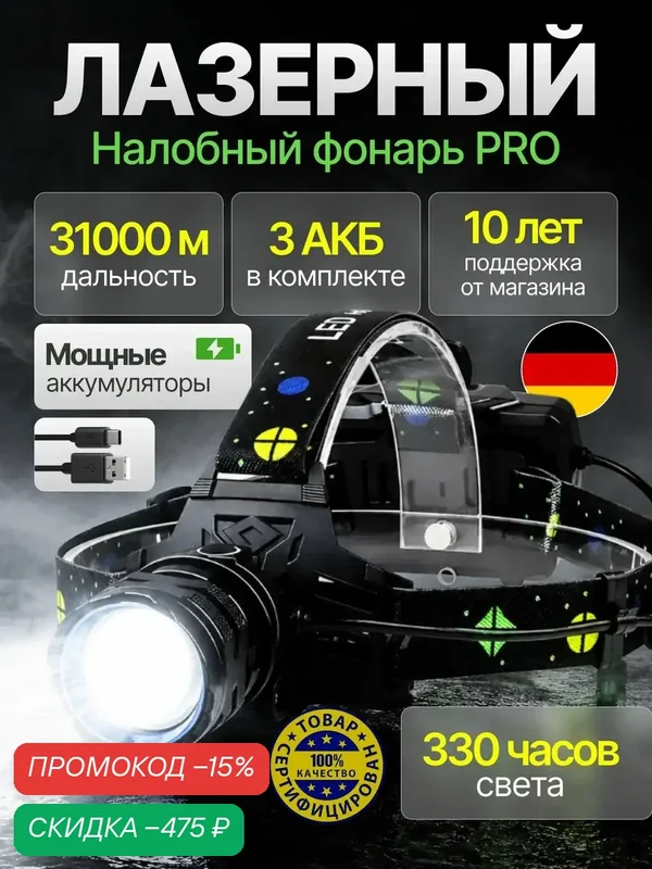 Фонарь налобный, аккумуляторный, светодиодный, LED с зарядкой — скидка по промокоду Яндекс Маркет