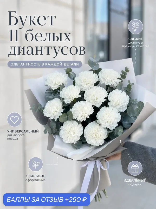 Букет цветов 11 белых диантусов с эвкалиптом с доставкой за 1 час, живые цветы премиум, монобукет — Цветочки, 250 баллов за отзыв Яндекс Маркет