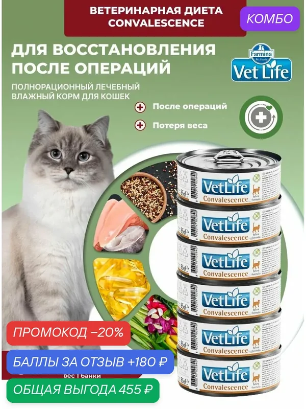 Влажный диетический корм Vet Life Farmina Для кошек Вет Лайф паштет конвалесценсе Фармина 85 г — 6 шт Convalescence Восстановление после болезни, после операции, для ослабленных — Farmina, скидка по промокоду Яндекс Маркет