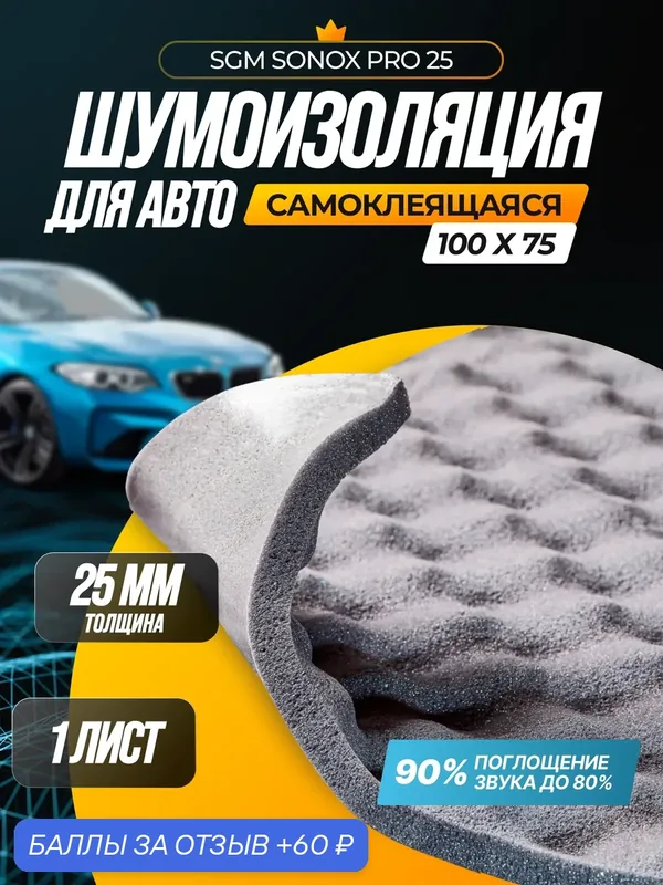 SGM Sonox PRO волна 15 мм акустический поролон самоклеящийся, 80% звукопоглощения/ Шумка для авто/Шумоизоляция автомобиля — SGM, 60 баллов за отзыв Яндекс Маркет