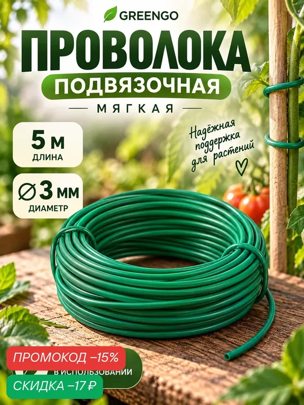 Проволока подвязочная Greengo мягкая, 5 м, d = 3 мм, зеленый — Greengo, скидка по промокоду Яндекс Маркет