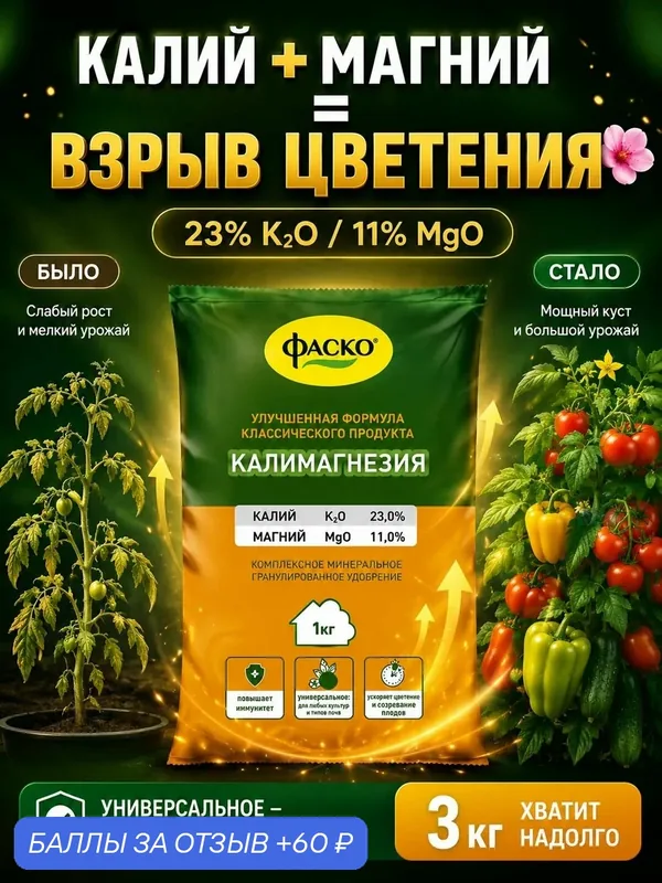 Удобрение Калимагнезия Фаско минеральное калийно-магниевое для растений гранулированное 3 шт по 1 кг — ФАСКО, 60 баллов за отзыв Яндекс Маркет