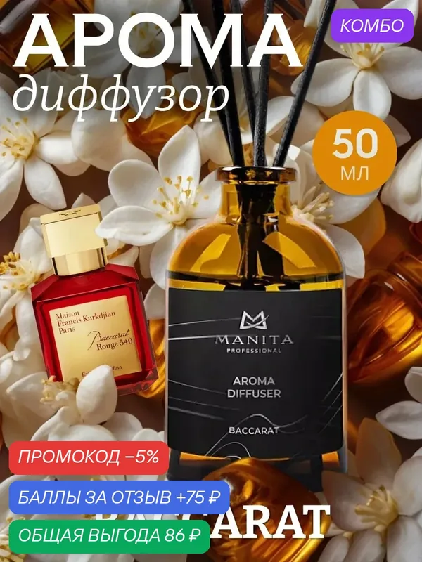 Диффузор для дома MANITA, с палочками, древесный аромат, 50 мл — MANITA, промокод и 75 баллов за отзыв Яндекс Маркет