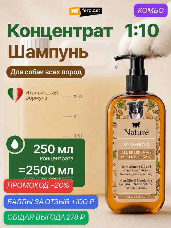 Премиум шампунь, концентрат для собак NATURE Ferplast с миндальным маслом 250 мл для всех пород — Ferplast, скидка по промокоду Яндекс Маркет