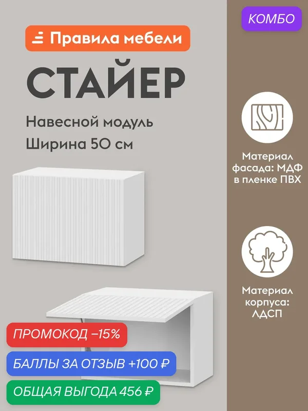 Кухонный модуль навесной, шкаф Стайер с полками, 50х29.6х36 см, Белый / Бланж — Правила мебели, промокод и 100 баллов за отзыв Яндекс Маркет