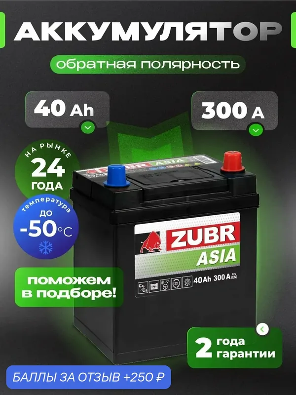 Аккумулятор автомобильный 40Ач обратная полярность 300А азия — ZUBR, 250 баллов за отзыв Яндекс Маркет