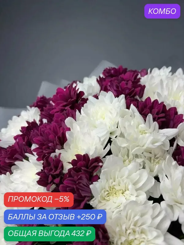 Фиолетовый туман – большой букет из белых и фиолетовых хризантем с доставкой — Цветочный вайб, промокод и 250 баллов за отзыв Яндекс Маркет