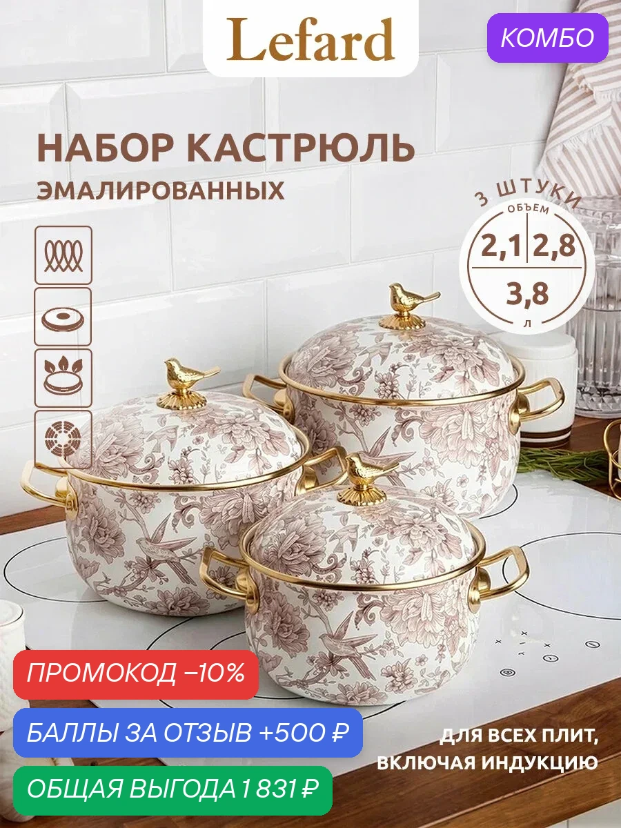Набор кастрюль из эмалированной стали Lefard "Royal Garden" 2.1 л, 2.8 л, 3.8 л — Lefard, промокод и 500 баллов за отзыв Яндекс Маркет
