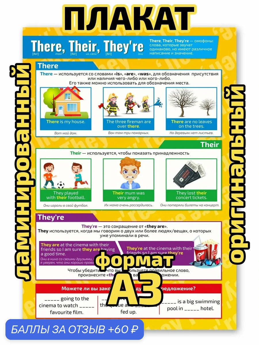 Плакат Квинг "There, Their, They're", ламинированный, А3, для изучения английского языка — Квинг, скидка по промокоду Яндекс Маркет