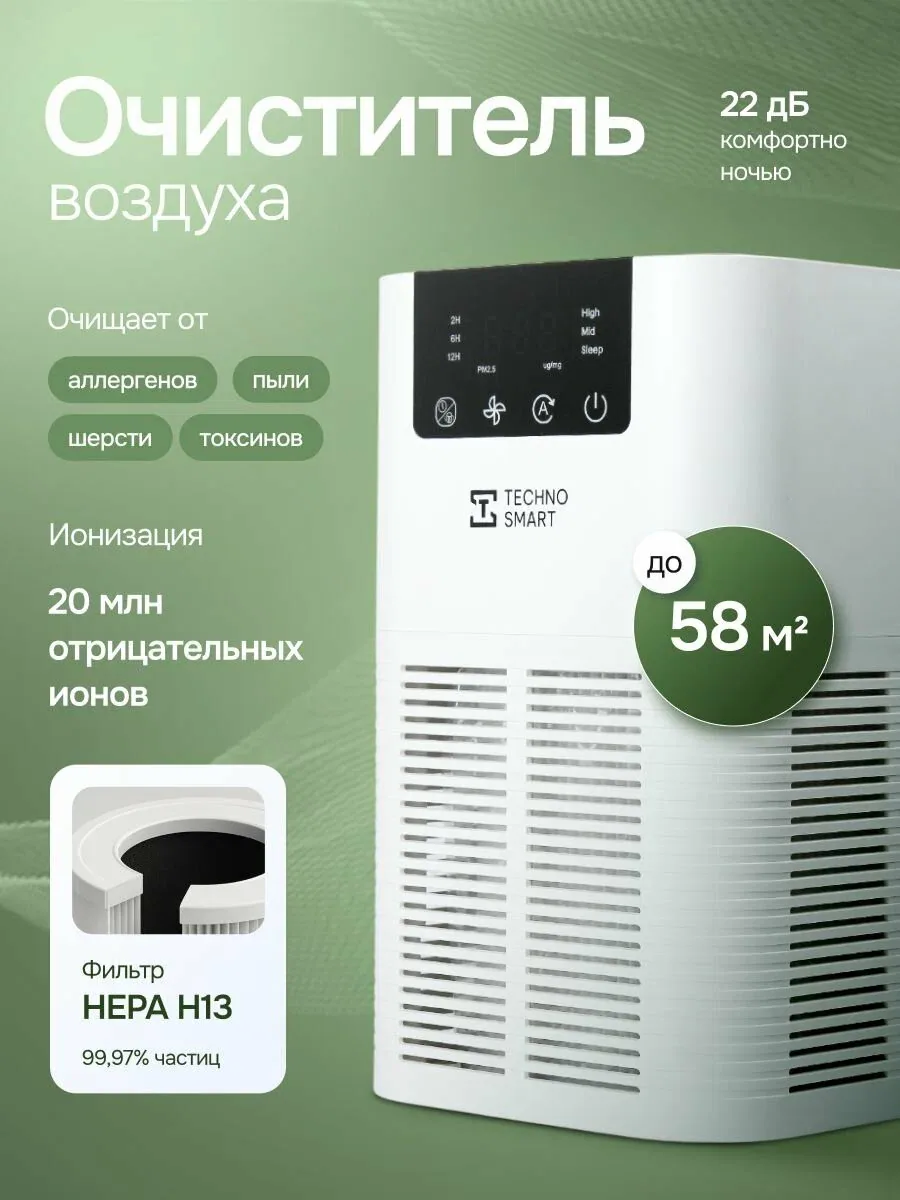 Очиститель воздуха TechnoSmart для дома с ионизацией, воздухоочиститель от аллергенов и шерсти — скидка по промокоду Яндекс Маркет