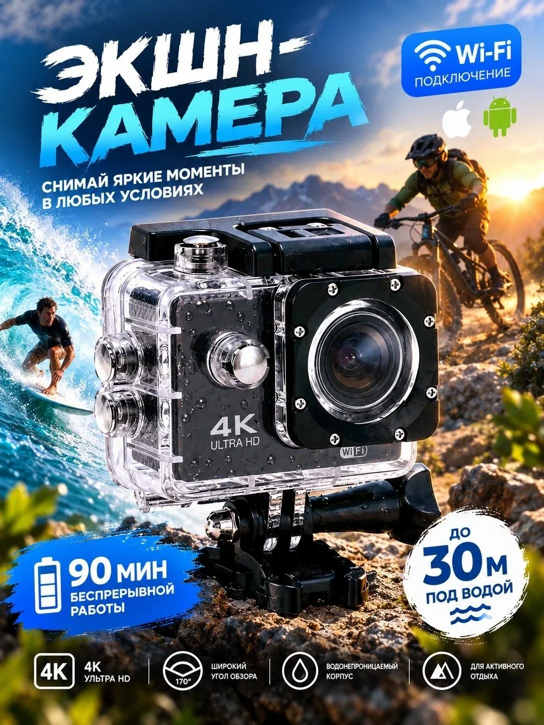 Экшн камера 4K водонепроницаемая с комплектом креплений, WI-Fi — скидка по промокоду Яндекс Маркет