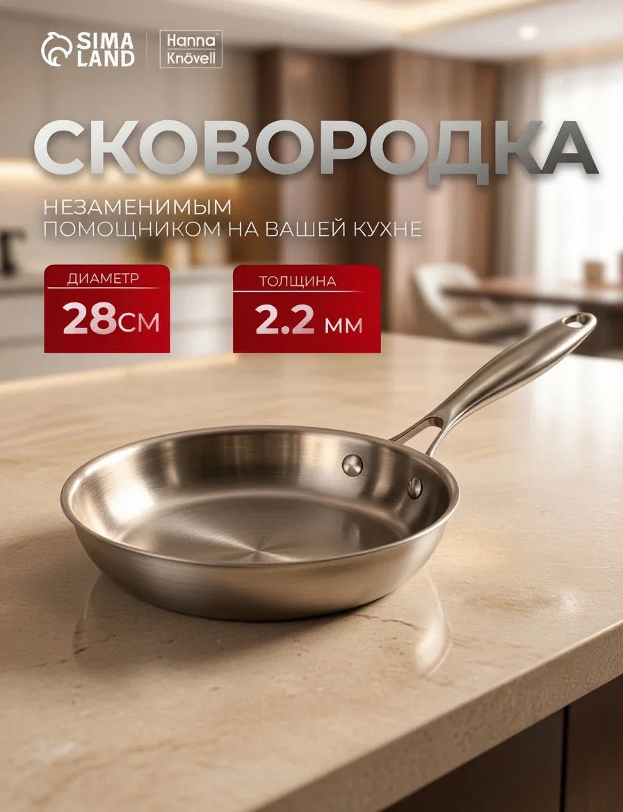 Сковорода 3Ply Hanna Knövell, d=28 см, h=5.5 см, толщина 2.2 мм, индукция, нержавеющая сталь — Hanna Knovell, скидка по промокоду Яндекс Маркет