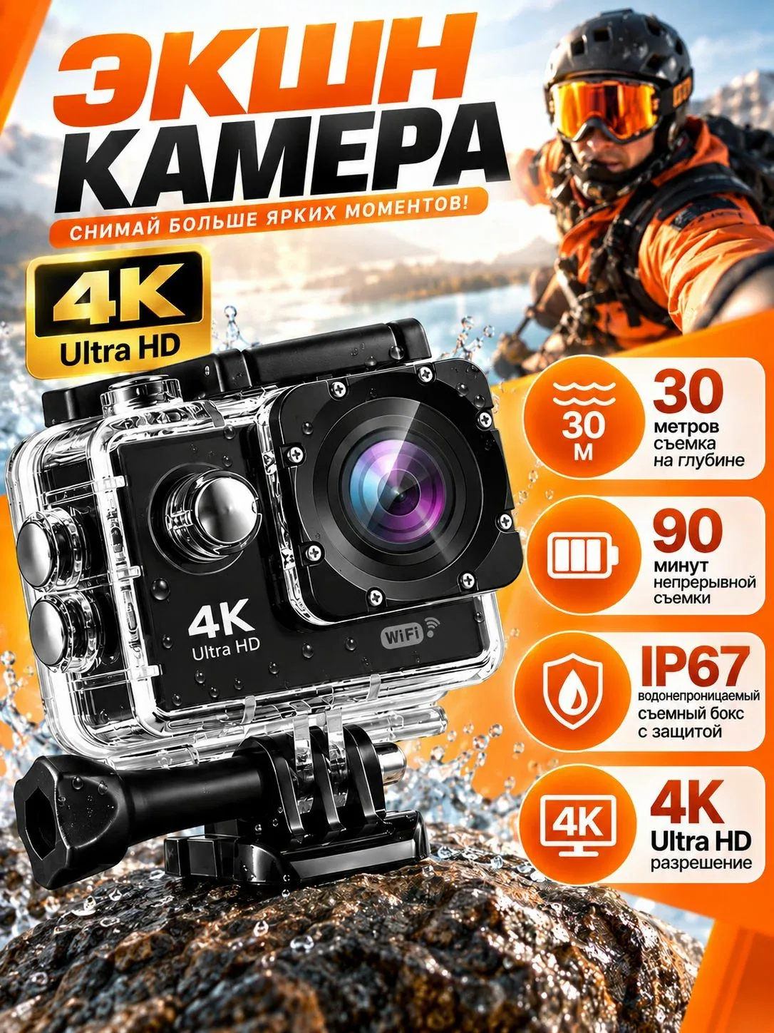 Экшн-камера 4K водонепроницаемая с креплениями и защитным кейсом / экшен камера — скидка по промокоду Яндекс Маркет
