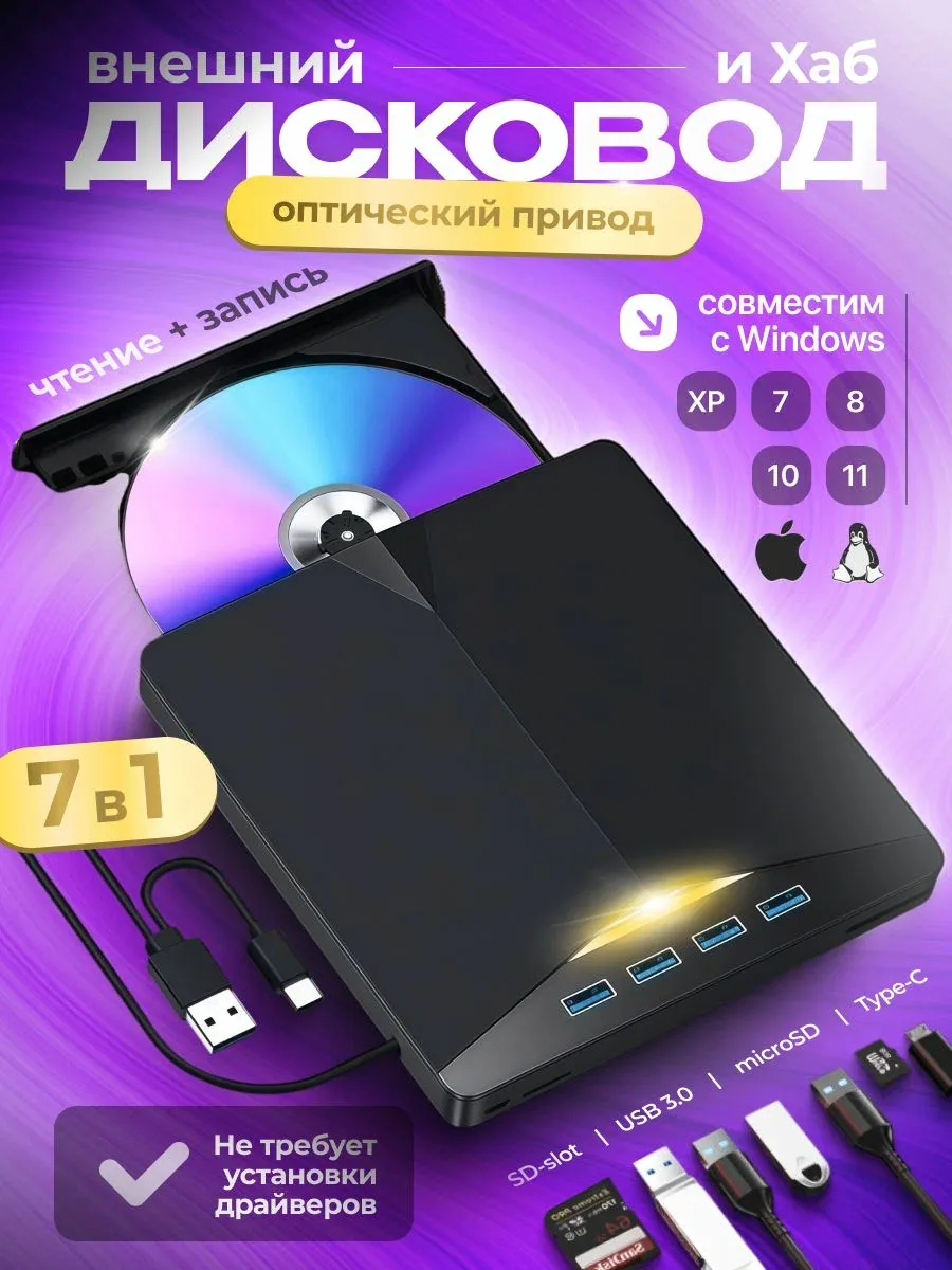 Внешний оптический привод, для компьютера и ноутбука, поддержка cdrw и dvd, usb и typec, чтение и запись дисков, универсальный, простое подключение — скидка по промокоду Яндекс Маркет