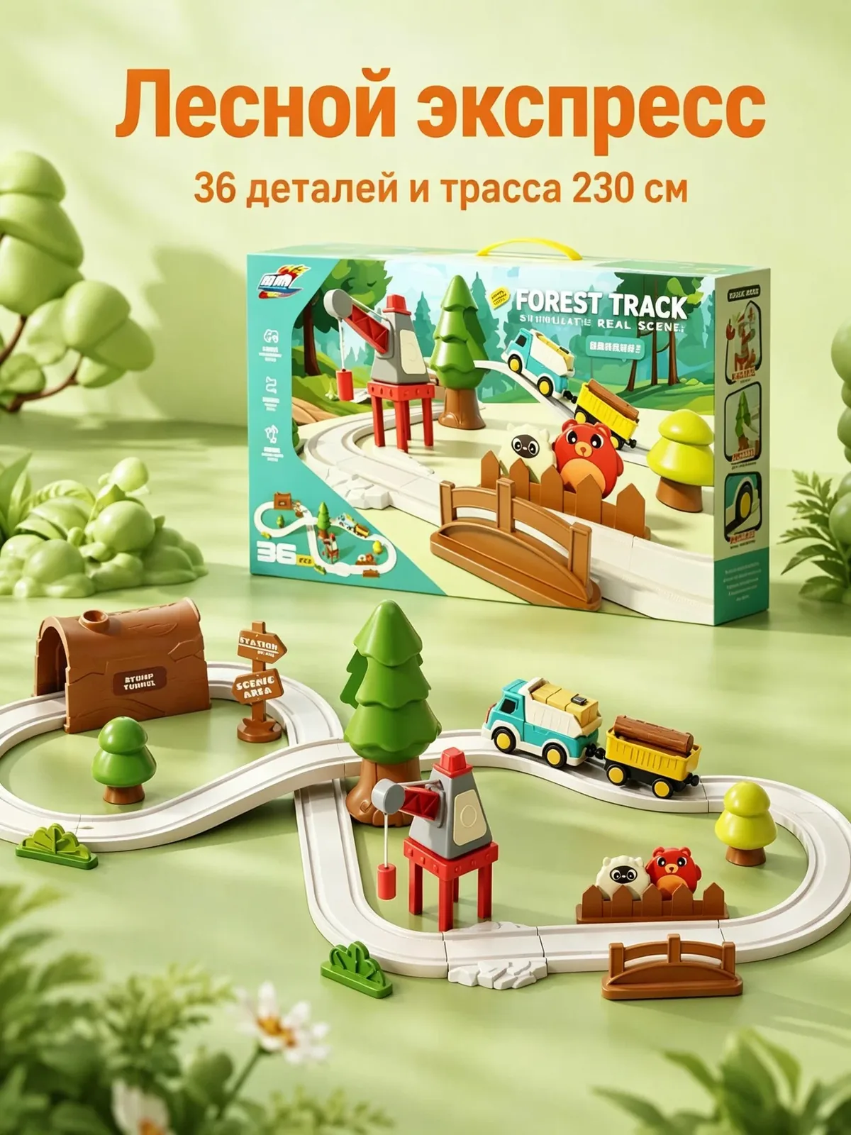 Игровой набор автодорога трасса для машинок Лесной экспресс, 36 деталей, трасса 230 см, ABS-пластик — скидка по промокоду Яндекс Маркет