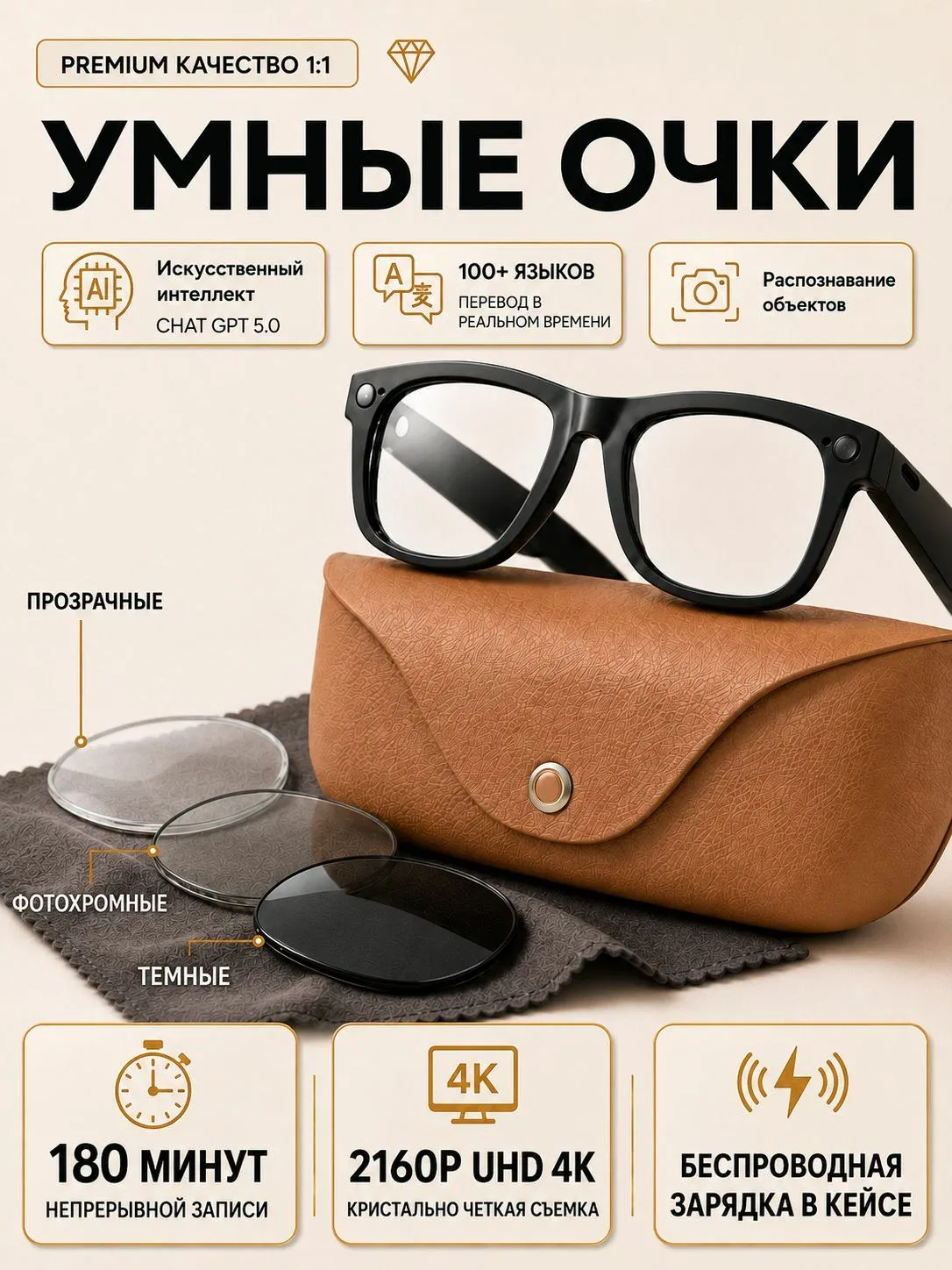 PRIME DEVICE Очки с камерой, прозрачный, черный — скидка по промокоду Яндекс Маркет