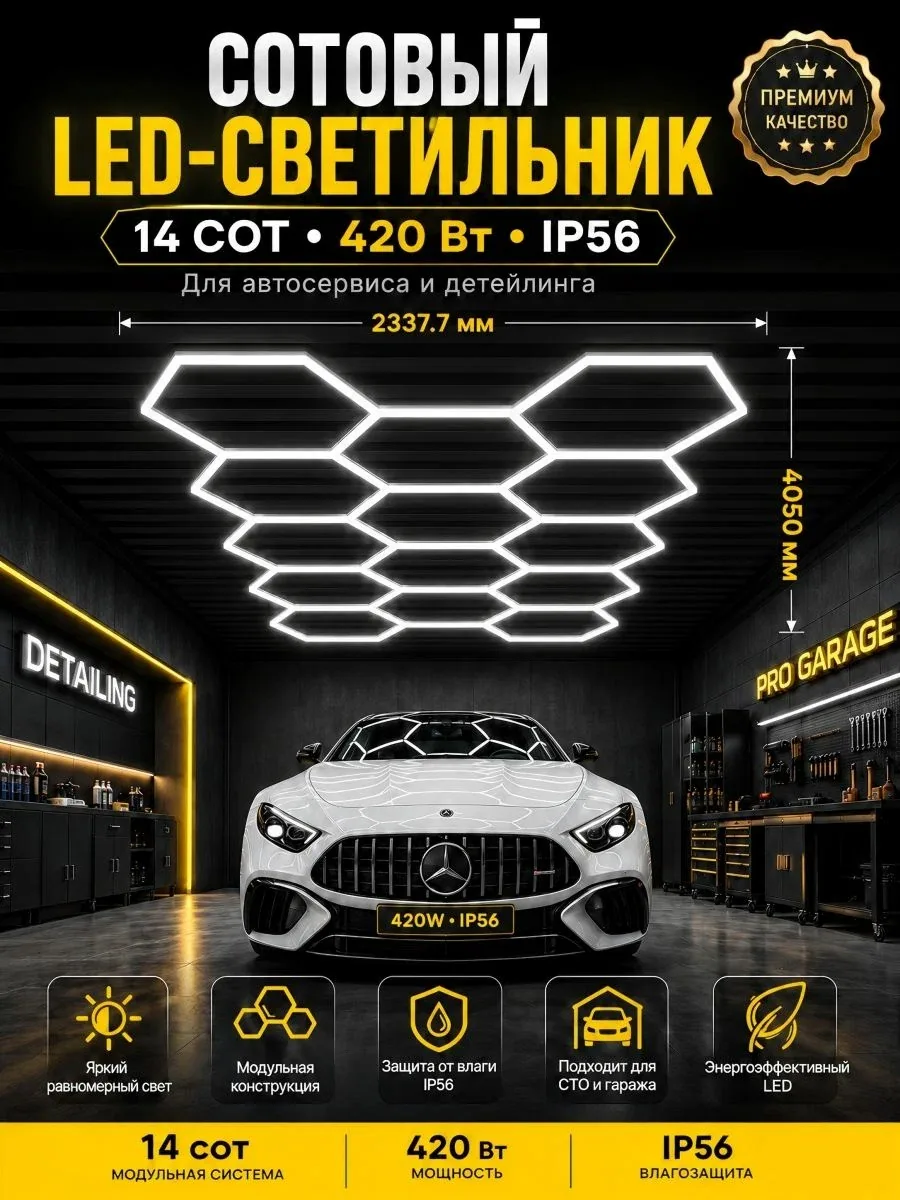 Светодиодное освещение для гаража/автосервиса LED Workshop, панель соты 6500К/399W размер 4050x2337mm — скидка по промокоду Яндекс Маркет