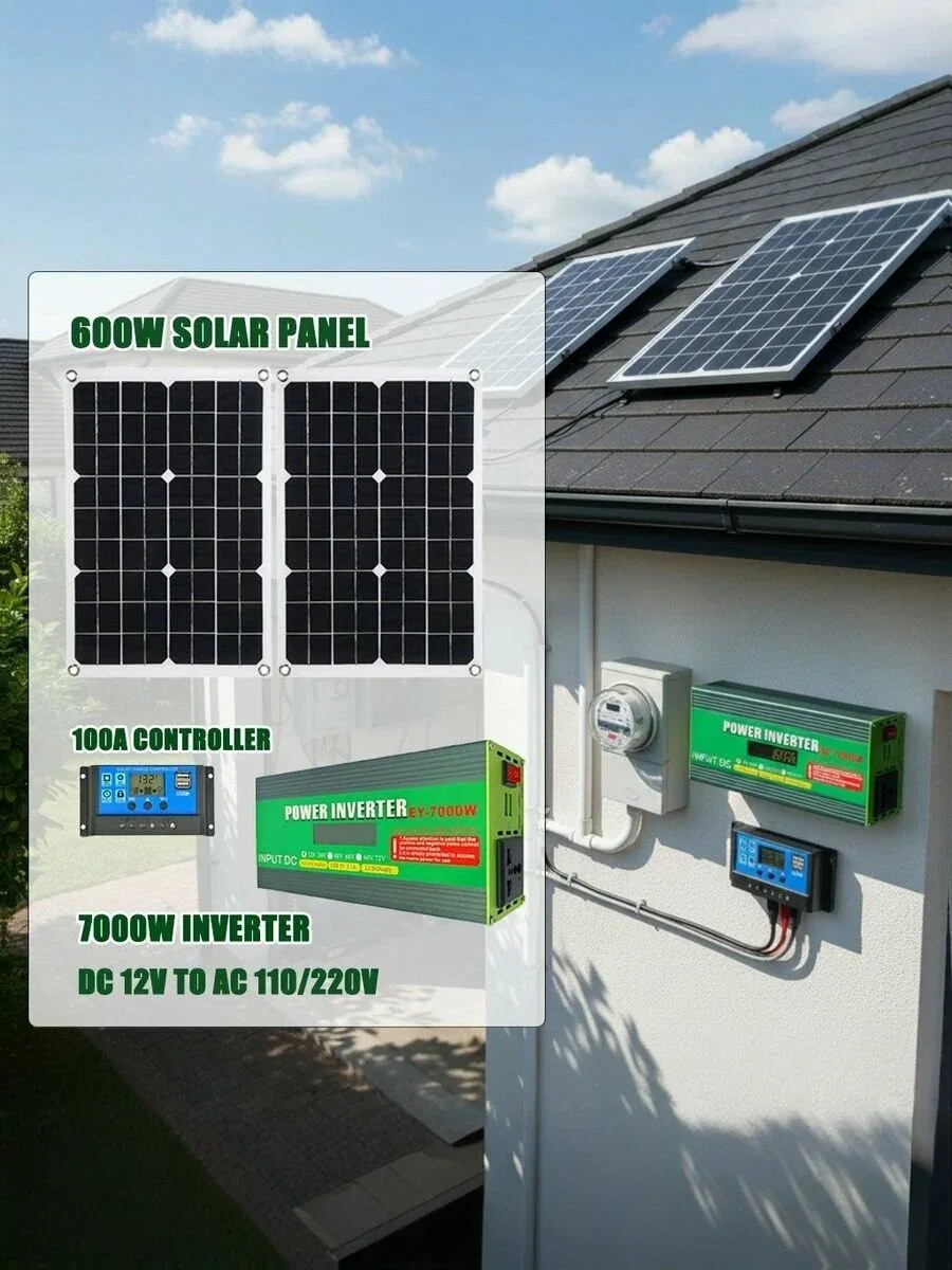 Мощный Комплект Солнечной Энергии: Инвертор 7000W (12V/220V), Панели 600W, Контроллер 100А. Автономное Питаниеонтроллер 100A и Инвертор 7000W (DC 12V в AC 110/220V) для Дома — скидка по промокоду Яндекс Маркет