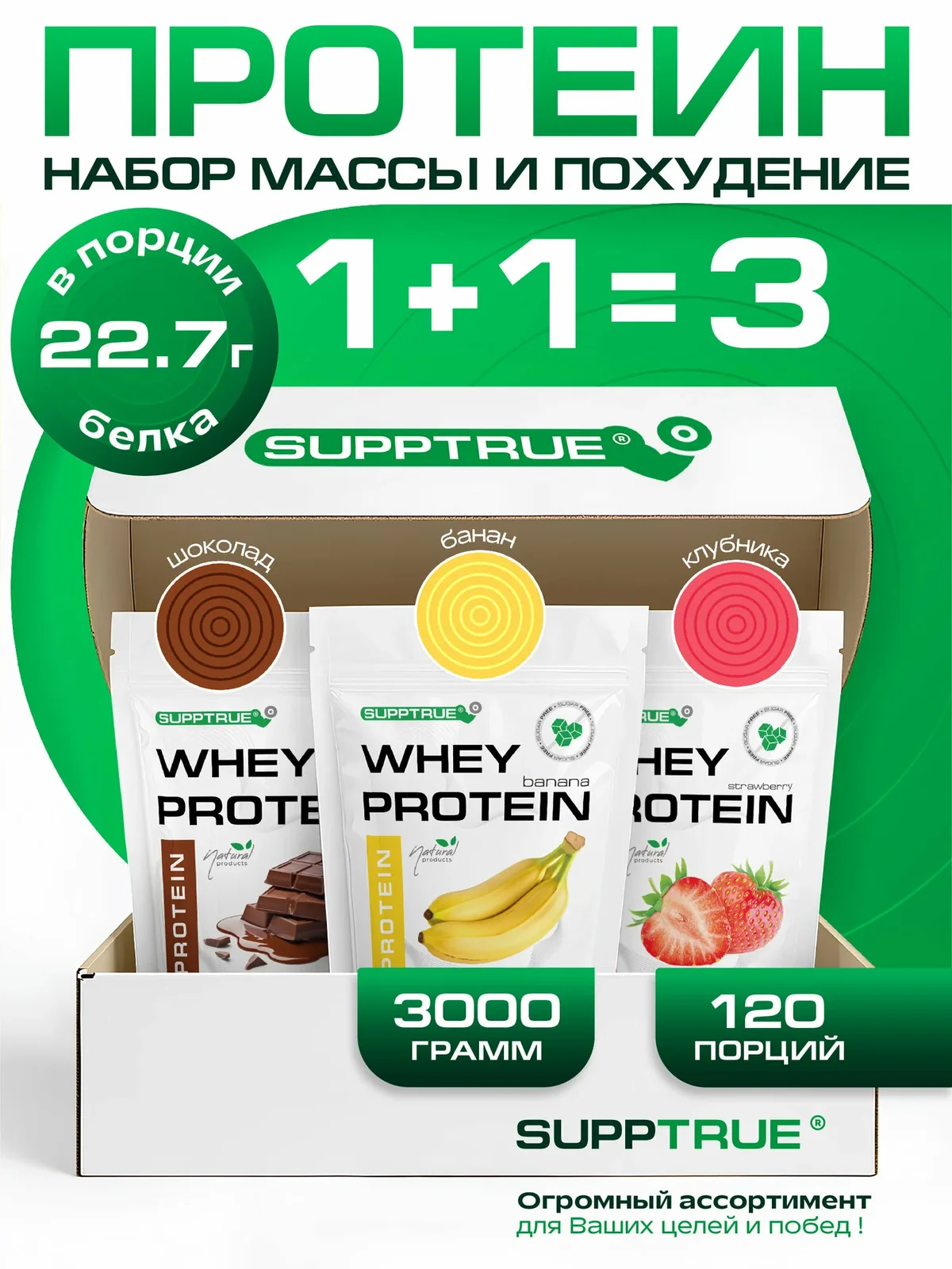 Протеин сывороточный Supptrue, для похудения, для набора мышц, 3 кг, банан, шоколад, клубника — SUPPTRUE, скидка по промокоду Яндекс Маркет