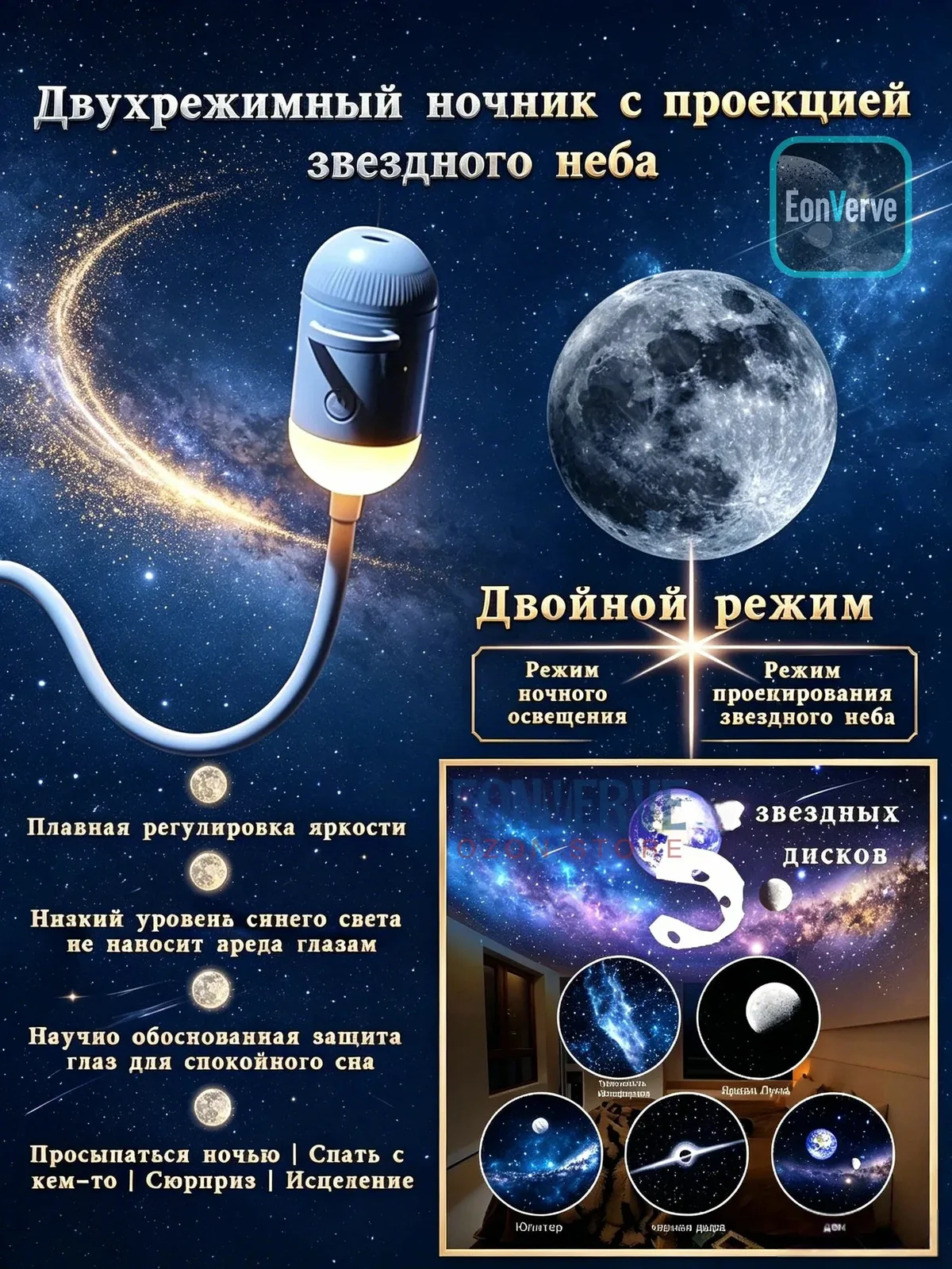 Ночник с проекцией звёздного неба, Мини-проектор, 5 слайдаB — скидка по промокоду Яндекс Маркет