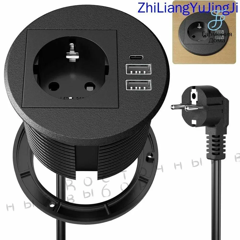 Встраиваемая выдвижная розетка для столешницы / 1 розетка + 2 USB A + USB Type-C — скидка по промокоду Яндекс Маркет
