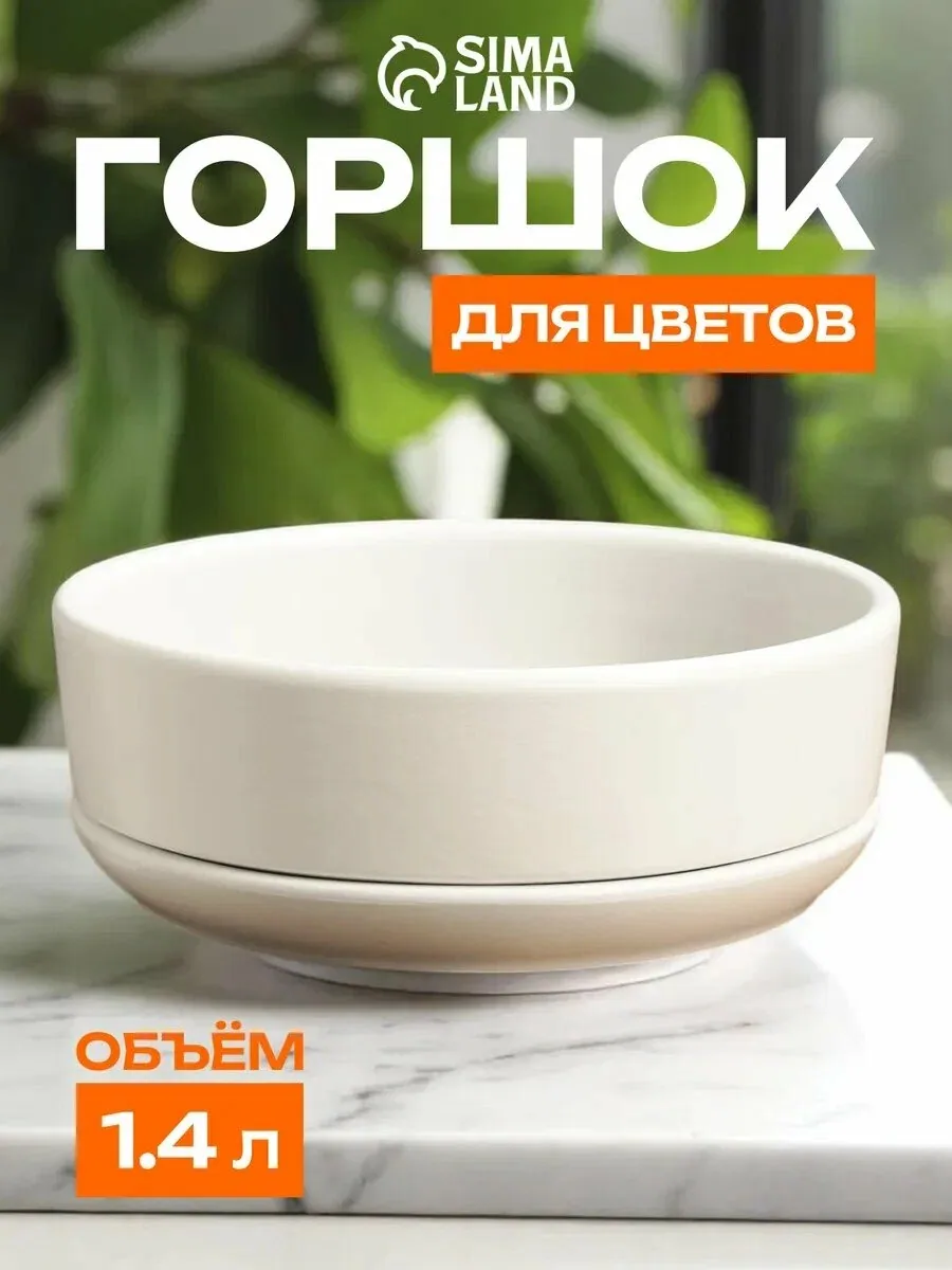 Горшок - бонсайница «Огма» керамический, для кактусов и суккулентов, 1.4 л, 18×6.5 см, с поддоном, белый — Сима-ленд, скидка по промокоду Яндекс Маркет