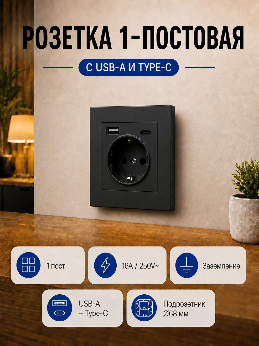 Розетка, USB Type-C, с рамкой из закаленного стекла, черный, 16 А — скидка по промокоду Яндекс Маркет