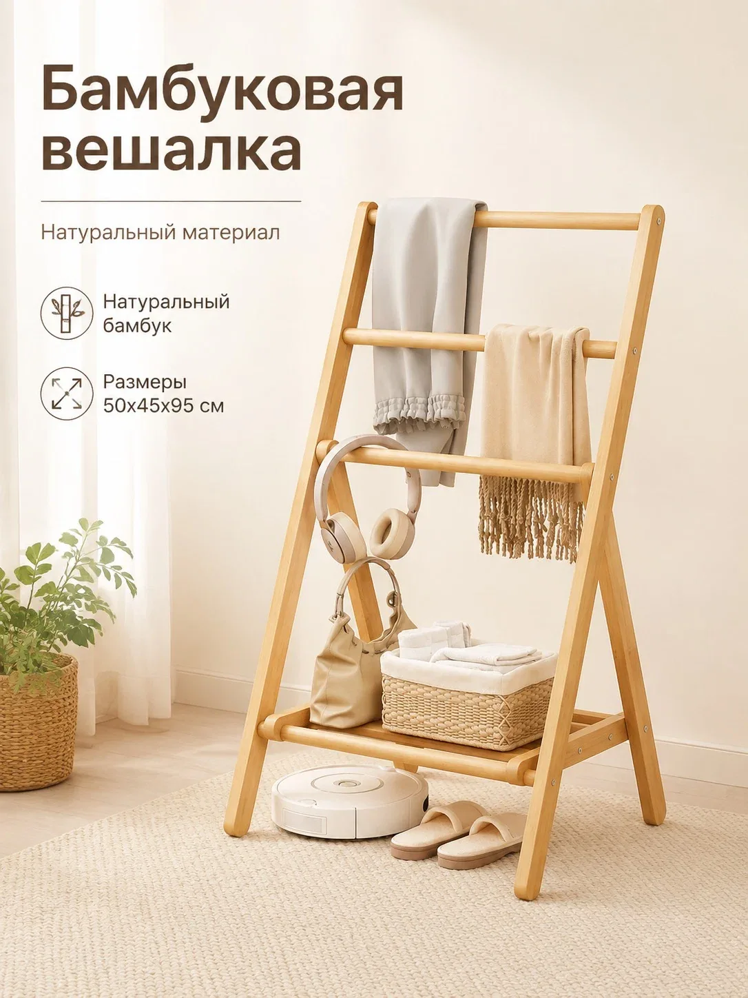 Напольная вешалка из натурального бамбука А-образная складная, для одежды, полотенец и сумок, для ванной, спальни и гостиной — скидка по промокоду Яндекс Маркет