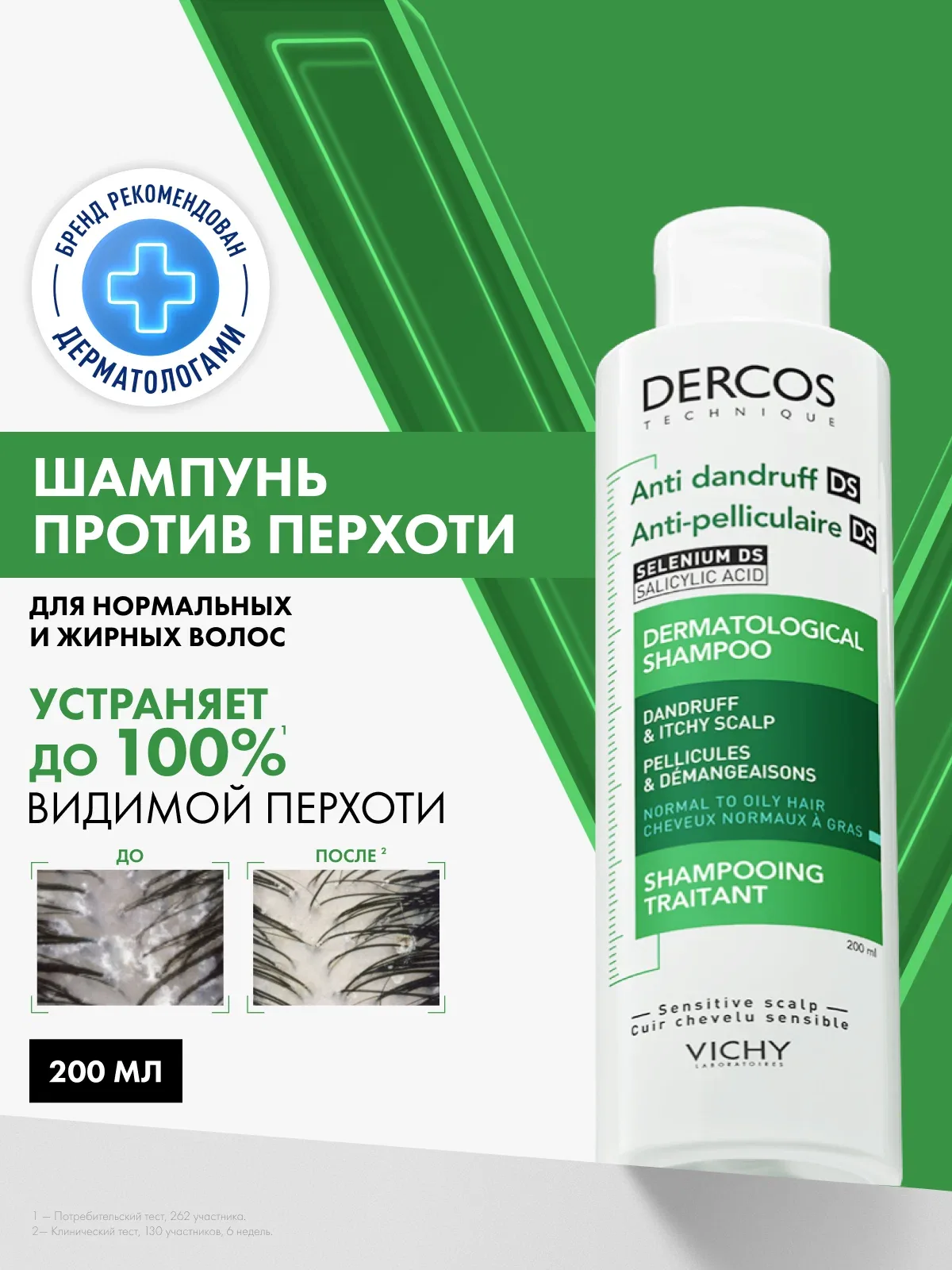 Vichy Dercos Интенсивный шампунь против перхоти, зуда и себореи для нормальных и жирных волос с селеном и салициловой кислотой, восстанавливающий уход для волос, 200 мл — Vichy, скидка по промокоду Яндекс Маркет