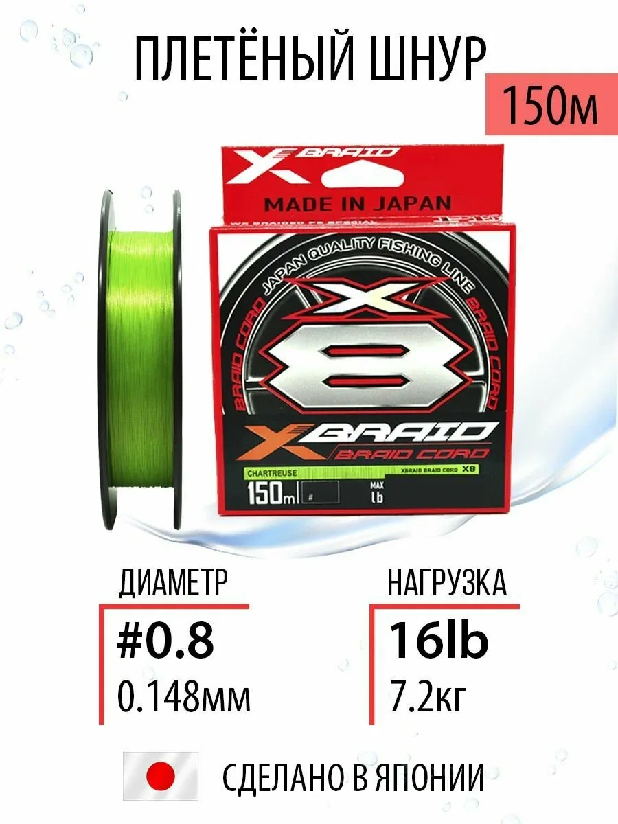 Шнур плетеный для рыбалки YGK X-Braid Braid Cord X8 #0.8/16lb 150m, плетёнка рыболовная, леска для спиннинга. — скидка по промокоду Яндекс Маркет