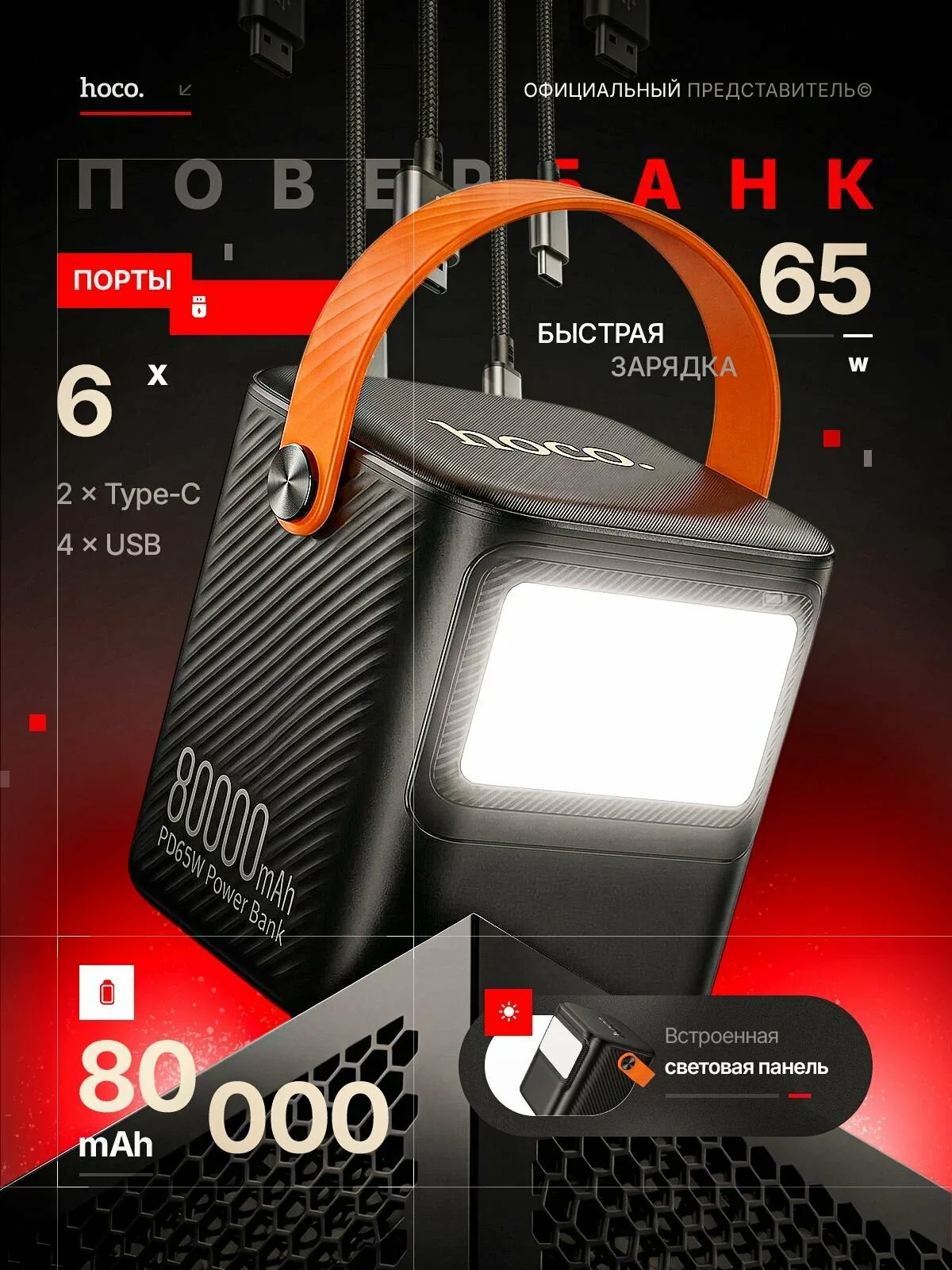 Внешний аккумулятор HOCO J152 Pro 80000 mAh, повербанк 65W PD, для ноутбука, 2 USB-C + 4 USB-A — скидка по промокоду Яндекс Маркет