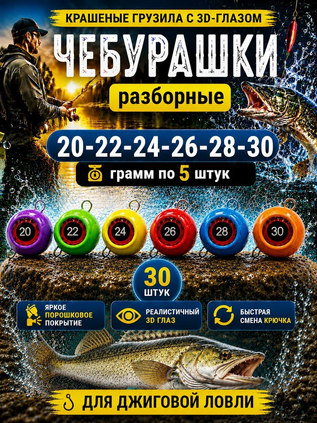 Крашеные грузила для рыбалки - Чебурашка Разборная 3D (30 штук) — скидка по промокоду Яндекс Маркет