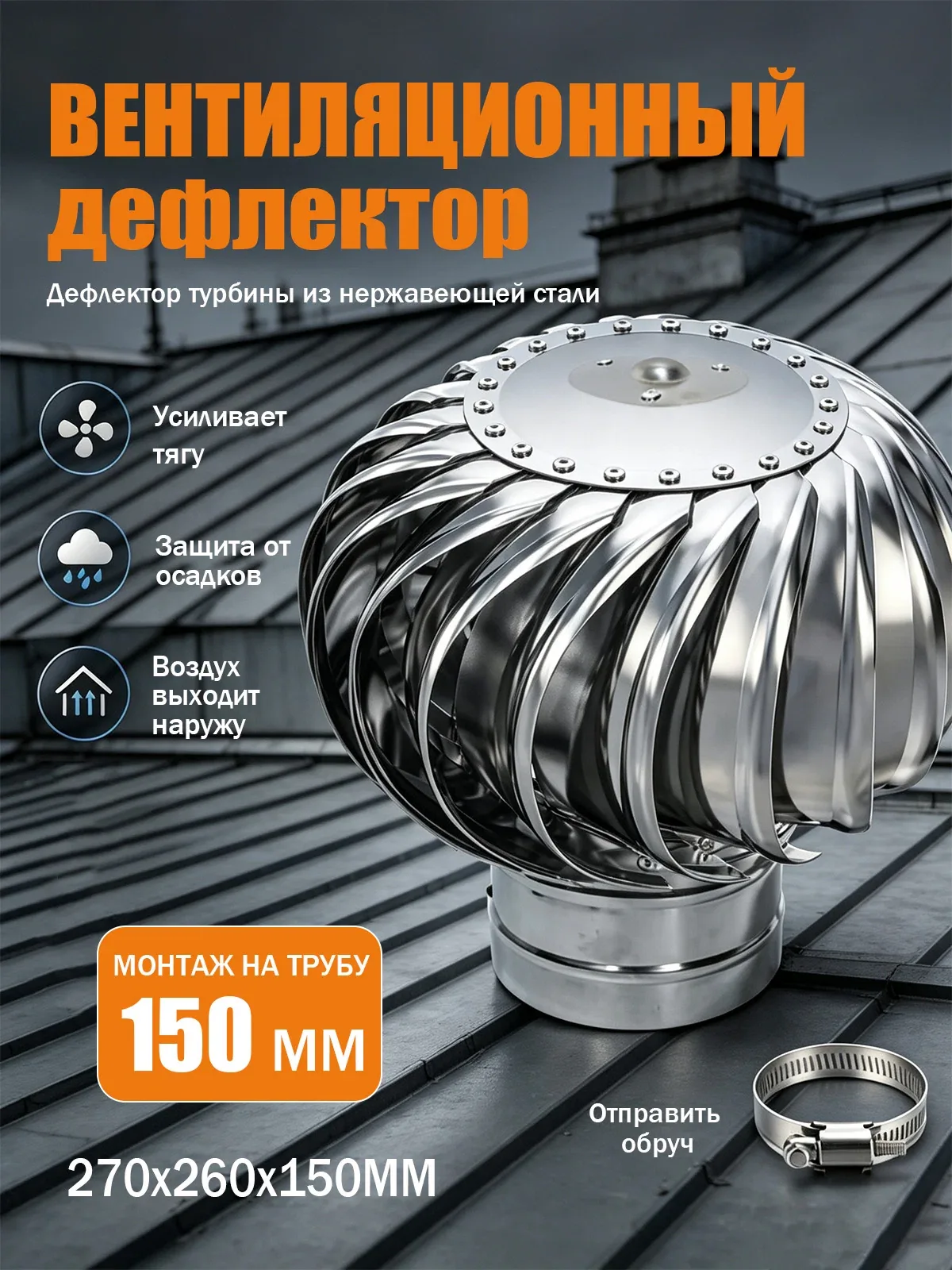 Турбодефлектор 150 мм, для вентиляционной трубы, нержавеющая сталь, усилитель тяги — скидка по промокоду Яндекс Маркет